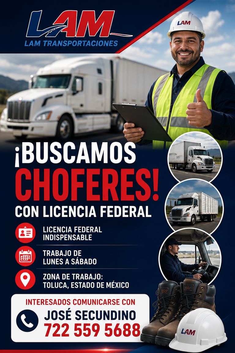 Buscamos choferes con licencia federal para trabajar en Toluca, Estado de México.